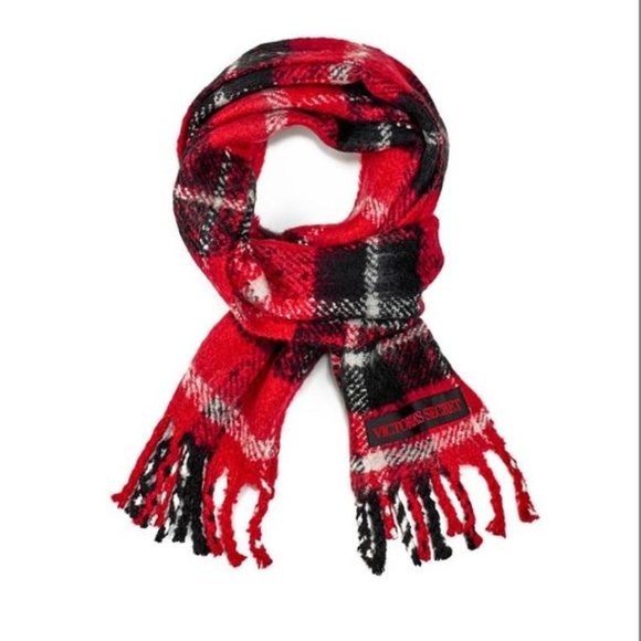 NEW Victoria's Secret Scarf Red Black White Plush Wrap Fringe NWT - Picture 2 of 6